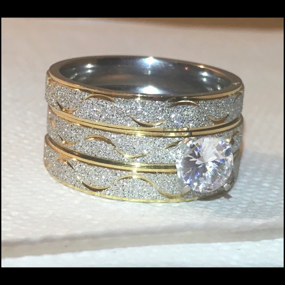 ⚜️ Two Tone Frosted Steel 3 Band Wedding Ring Set - Picture 10 of 13